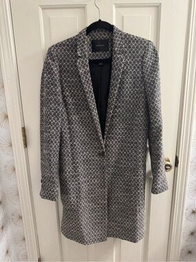 Scotch & Soda Navy and Grey Woven Patterned Long Blazer Coat